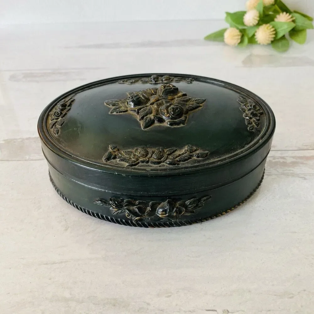 Vintage Victorian Revival Imitation Jet Carved Roses Jewelry Box Black Gothic